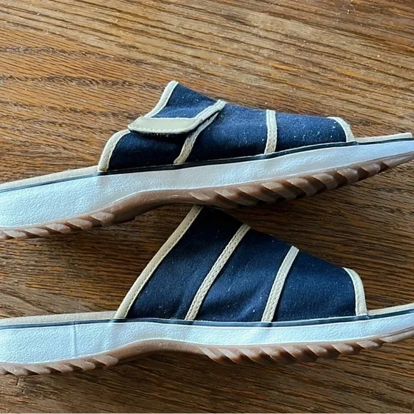 Clarks Women’s Sandals Slides Blue Tan Canvas Hook Loop Closure Size 9M - Picture 4 of 6